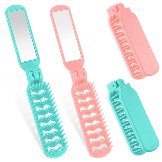 Collapsible Hair Brush, Portable Travel Hair Brush Mini Folding Hairbrush with Mirror Pocket Size Brush Scalp Massage Comb Compact Vent Brush Wet Hairbrush Detangling Brush for Gym, Purse, Swimming