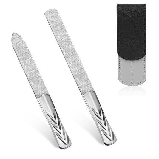 Professional Metal Nail File with Leather Case,2 Pcs Stainless Steel Nail Files Double Sided Finger Nail File Toe Nail File with Anti-Slip Handle Manicure Tools for Natural Nails