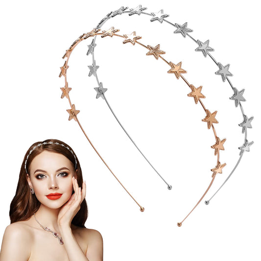 2 Pieces Five-pointed Star Headbands Star Rhinestone Hair Hoop Headband Pearl Rhinestones Headdress Wedding Hair Accessories Ornaments for Women Girls Bride Shiny Metal Hair Bands