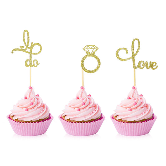 48 PCS Wedding Cupcake Toppers Love I Do Engagement Cake Decorations Gold Glitter Cupcake Toppers Bridal Shower Diamond I Do Love Cake Picks Decorations for Bridal Shower Wedding Party Supplies