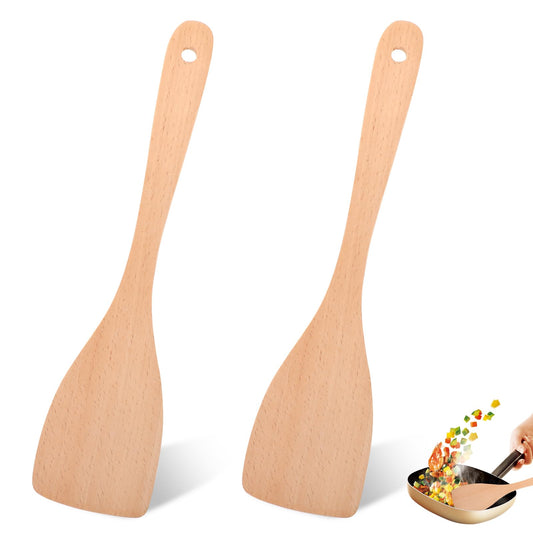 2pcs Wooden Spatulas for Cooking, 12.9 Inches Kitchen Tools Wooden Uncoated Frying Spatula Bench Scraper Kitchen Wooden Handle Utensil for Non Stick Cookware Cutting Board Scraper
