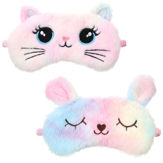 Kids Sleep Mask, 2 Pcs Cute Soft Sleeping Eye Mask Colorful Plush Eye Covers for Sleeping Comfortable Funny Animal Night Sleep Masks for Women Girls Home Travel Sleepover Party (Cat, Rabbit)