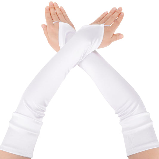 KALIONE Opera Golves for Women Long Satin Fingerless Gloves, Fingerless Over Elbow Gloves Long Fingerless Long Gloves, 1920s Satin Gloves Opera Gloves Party Wedding Dress(White)