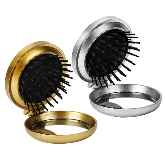 2 Pack Folding Hair Brush with Mirror,Round Mini Hair Brush Travel Size Hair Massage Comb Compact Hair Brush Pocket Hair Brush Portable Hair Styling Tools Travel Brush for Women (Gold & Silver)