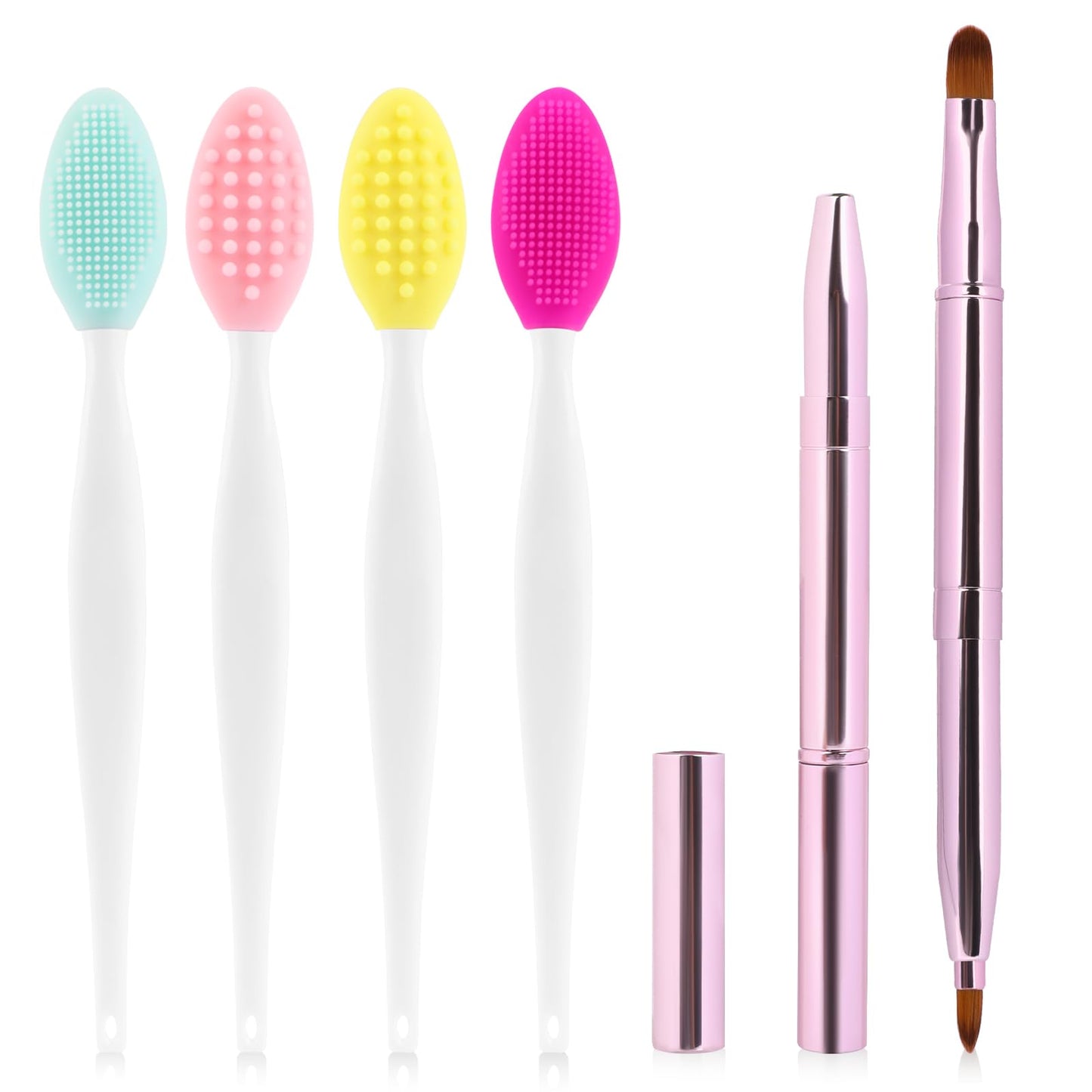 1 Pack Retractable Lip Brush for Lipstick Lip Gloss Double-Ended and 4 Pack Lip Scrub Brush, Lip Makeup Brushes with Cap Lipstick Brush Applicator Travel Silicone Lip Exfoliator Brush