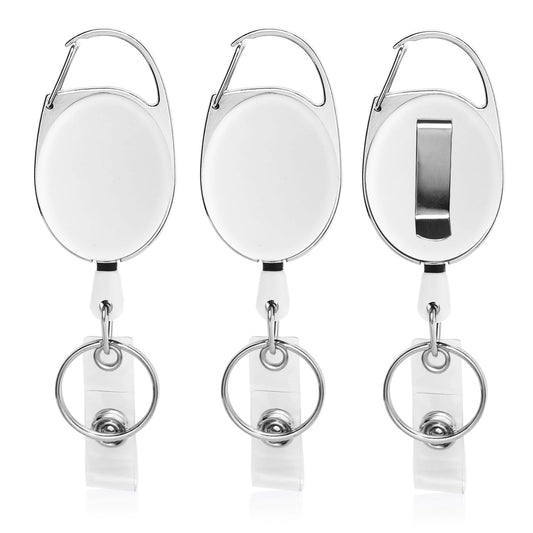 Retractable Keyring, 3 Pcs White Retractable Keychain Badge Holder Retractable Lanyard Clip Badge Reels, Extendable Key Rings Belt Reel Clip for Key Ring ID Card Badge Holder