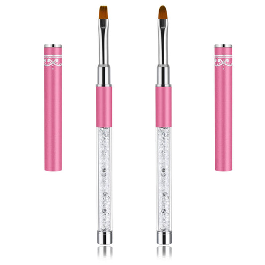 2Pcs Oval & Flat Gel Nail Brush Set Rhinestone Handle Nail Art Design Brushes Nail Drawing Pen Nail Art Clean Up Brushes Gel Brushes for Nails (Pink)