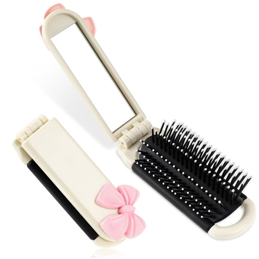 1 Pack Travel Hair Brush with Mirror, Folding Hair Brush Collapsable Pocket Size Brush Mini Travel Brush Compact Massage Comb Hair Styling Tools for Gym,Trip,Purse,Swimming (Cream Colour)