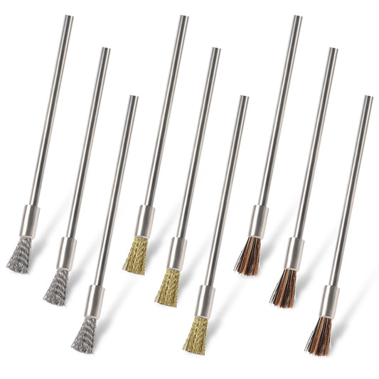 9PCS Pen Scratch Brush Removal Bits Wire Brush Extended Steel Cleaning End Brushes Polishing Rotary Tools Stainless Steel/Brass/Bristles Pen Style Rust Paint for Removing Corrosion Electrical Circuit