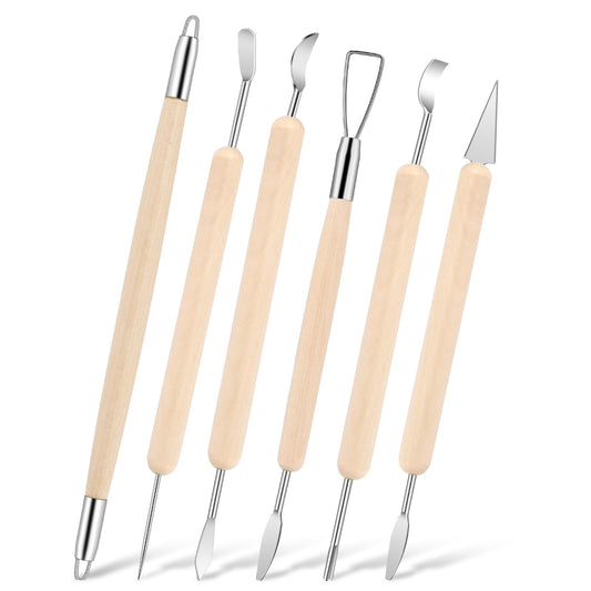 KALIONE 6 Pcs Polymer Clay Sculpting Tools Kit with Wooden Handle, Double Side Pottery Tools for Embossing, Stainless Steel Carving Ceramics Tools