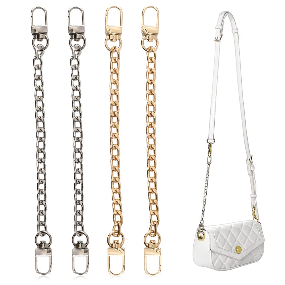 4 Pcs Purse Chain 20 cm Crossbody Bag Strap Extender 2 Color Flat Chain with Buckles DIY Handbags Replacement Accessories for Clutch Satchel Shoulder Bag