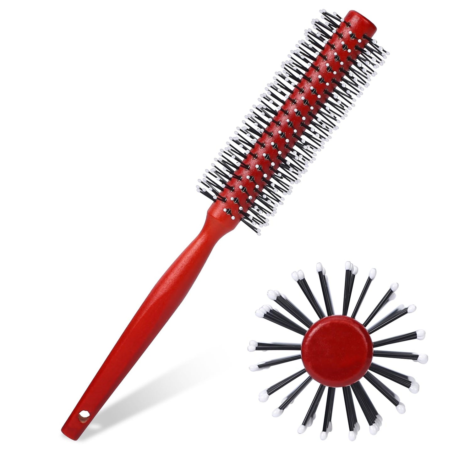 Small Round Hair Brush for Blow Drying, Mini Curling Brush Styling Brush with Ball Tip Nylon Bristle and Wood Handle,Mini Quiff Roller for Short Hair, Thin Hair, Bangs, Lifting, Styling,Beard (Red)