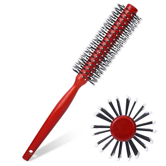 Small Round Hair Brush for Blow Drying, Mini Curling Brush Styling Brush with Ball Tip Nylon Bristle and Wood Handle,Mini Quiff Roller for Short Hair, Thin Hair, Bangs, Lifting, Styling,Beard (Red)