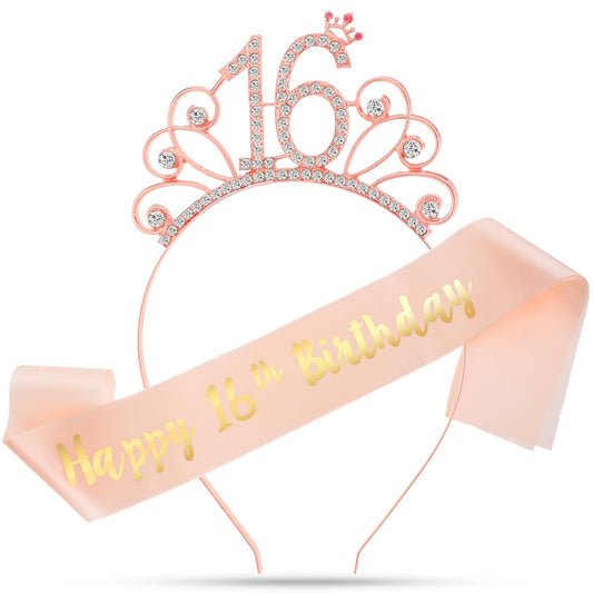 Birthday Sash and Rhinestone Tiara for Girls Sweet 16 Crown Sweet 16 Gifts for Girls 16th Birthday Sash Birthday Decorations for Women Princess Crown Hair Accessories for Women Birthday Party Favors