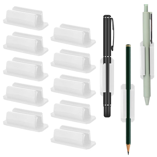 KALIONE 10 Pcs Adhesive Rubber Pen Clip Marker Holder Silicone Pencil Holder for Desk Pen Holder for School Student Teacher Office Supplies (White)