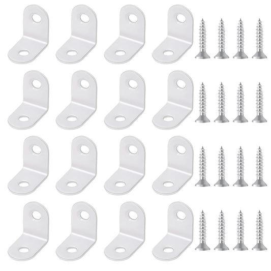 20 Pcs Small Corner Bracket for Wood Right Angle Brackets White Metal Corner Brace 90 Degree L Shape Shelf Bracket Support Decorative Joint Angle Bracket with Screws for Shelves, Furniture, Cabinet