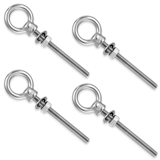 Pack of 4 Long Eye Bolts with Nuts 316 Stainless Steel with Thread, Eye Bolts with Shoulder, Robust Eye Bolts, Eye Hooks, Eye Bolts with Washer and Nuts M6 x 60 mm