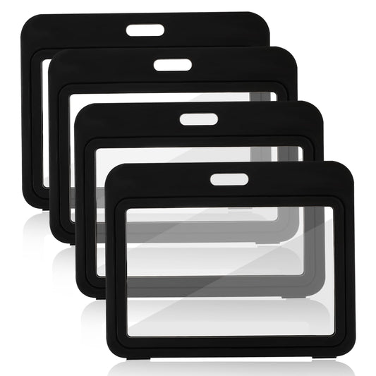 4 Pack Double Sided Badge Holder Horizontal ID Badge Holder Transparent Name Tag Holder Waterproof Hard Plastic Badge Holder Card Protector for Office Employees Exhibition Card Black