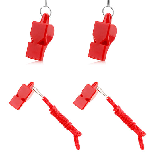 Mozeat Lens Lifeguard Whistle with Lanyard, 4 PCS Referee Whistle Emergency Whistle Red Plastic Whistles Boat Whistle Loud Crisp Sound, Essentials for Lifeguard, Referees and Officials (Red)