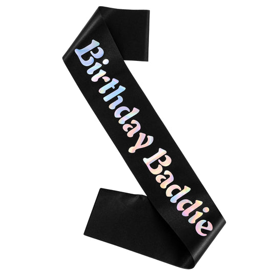 FdcLixuvol Birthday Baddie Sash, Soft Glitter Satin Black Happy Birthday Boy Girl Sash with Multicolor Foil for Women Girls Men Party Decorations Supplies