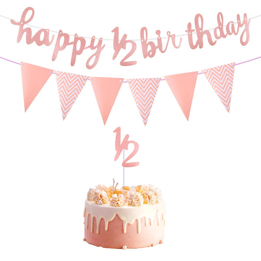 Happy 6 Months Birthday Banner Glitter 1/2 Half Year Cake Topper Triangle Flag Banner Happy 1/2 Birthday Decorations for Half Year Baby Shower Birthday Party Decoration, Rose Gold