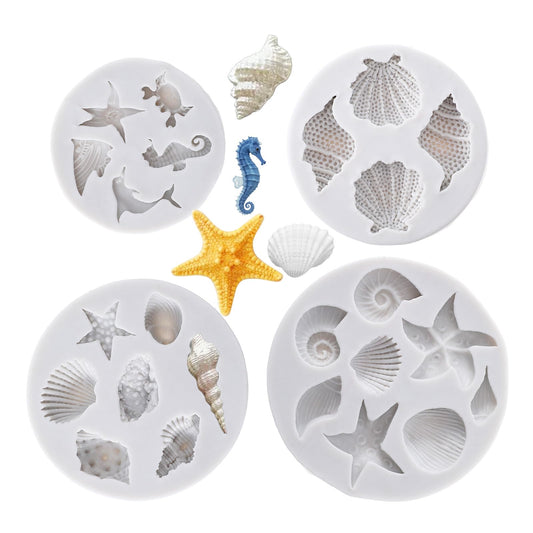 4pcs Marine Theme Silicone Fondant Mold Under The Sea Candy Molds Animal Silicone Molds are in The Shape of Shark Shell Starfish Coral Turtle Crab Conch for Chocolate Mold and Cupcake Decoration