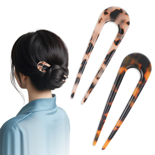 2 Pack U Shaped Hair Pin French Hair Pins French Style Cellulose Acetate Tortoise Shell Fork Sticks Updo Chignon Pin 2 Prong Updo Chignon Pin for Women Girls Hairstyle Accessories, 10 * 3cm