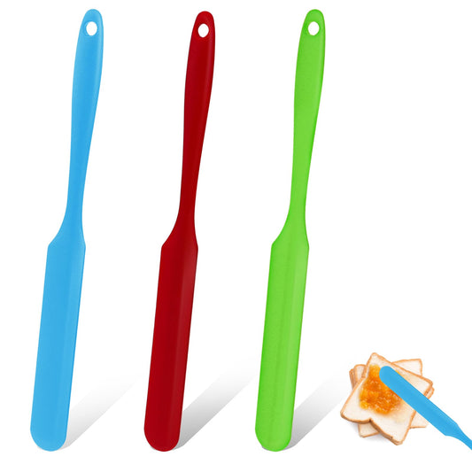 3pcs Silicone Jar Spatula Heat Resistant Kitchen Spatulas with Long Handle, Jam Spreader Cake Cream Butter Spatulas Mixing Batter Scraper for Jars Baking Cake Icing(Blue&Red&Green)