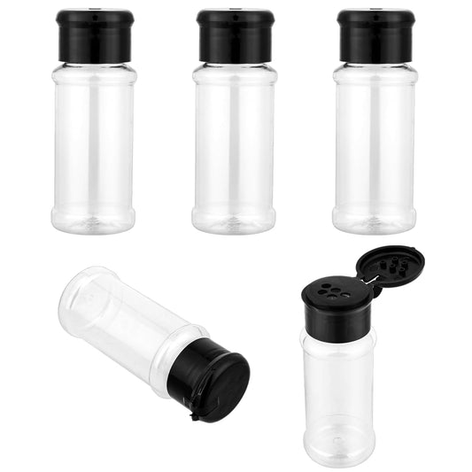 salbsever 5 PCS Plastic Seasoning Containers with Shaker Lids 3oz Empty Spice Jars to Pour or Shake Storage Portable Black Clear Seasoning Bottles for Spice, Powders, Peppers