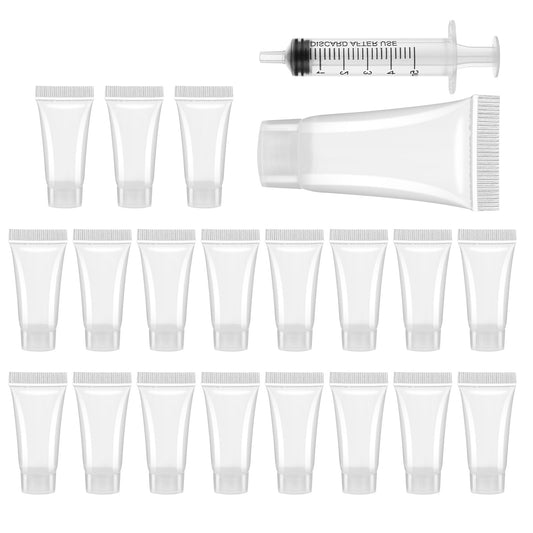 KALIONE 20 Pcs Refillable Empty Tubes Bottles 5ml Plastic Portable Travel Tubes with Syringes Clear Soft Squeezable Containers for Sample Shampoo Facial Cleanser Makeup Mini Toothpaste Travel Tubes