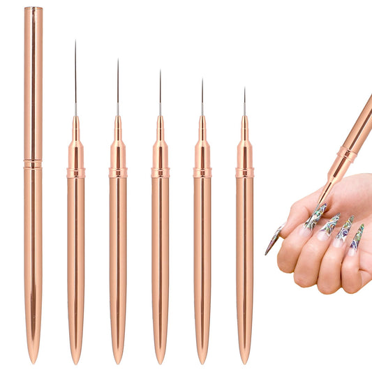 Nail Art Liner Brushes, 5Pcs 4/8/12/20/25mm Painting Nail Art Brush Set Nail Dotting Drawing Tool Nail Art Design Brush Detail Brush for Long Lines, Thin Details, Fine Drawing (Gold)