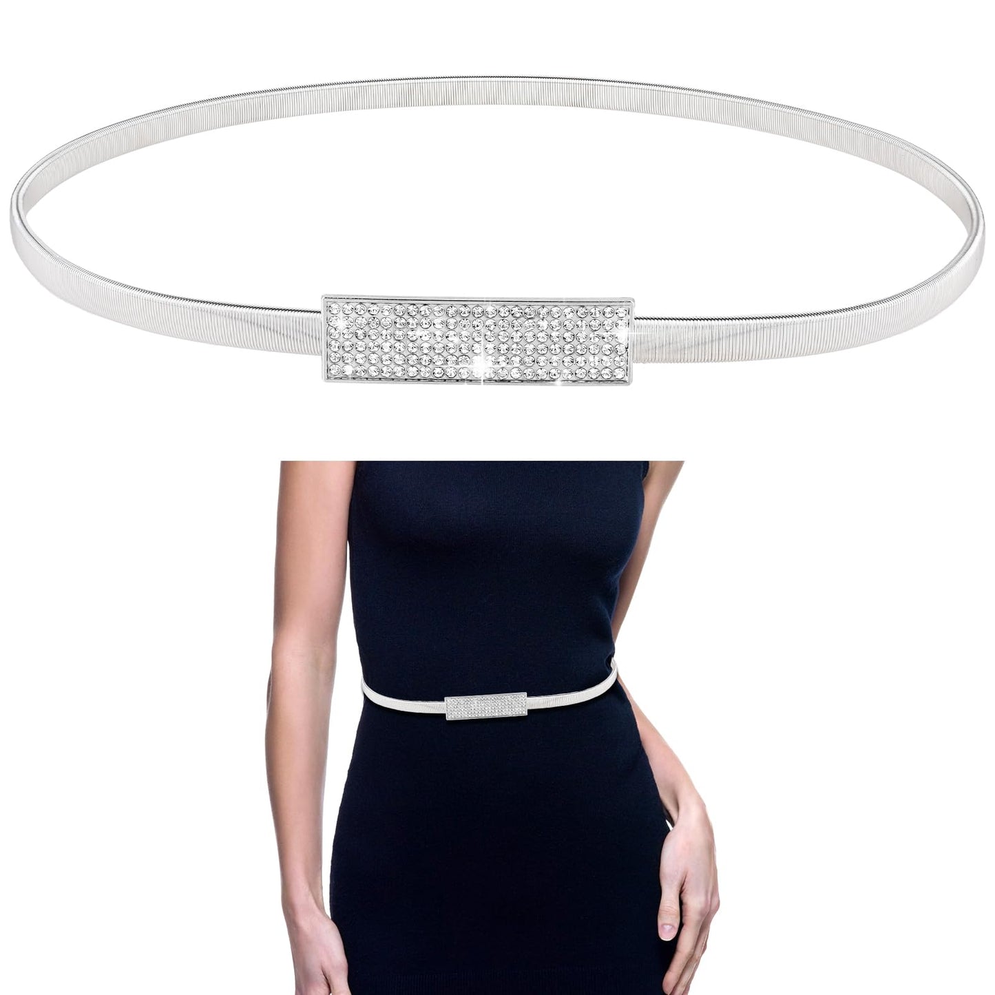 Women Skinny Metal Waist Belt Adjustable Ladies Rhinestone Elastic Skinny Belt Dress Belts for Women's Bridal Dressy, Silver