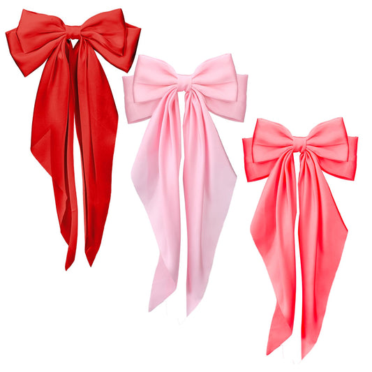 Large Hair Bows for Women, 3 PCS Silky Satin Ribbon Bow Hair Clips Oversized Soft Long Tail Vintage Hair Slides Barrettes with Metal Clips Big Elegant Princess Bowknot Hair Accessories, Gift for Girls