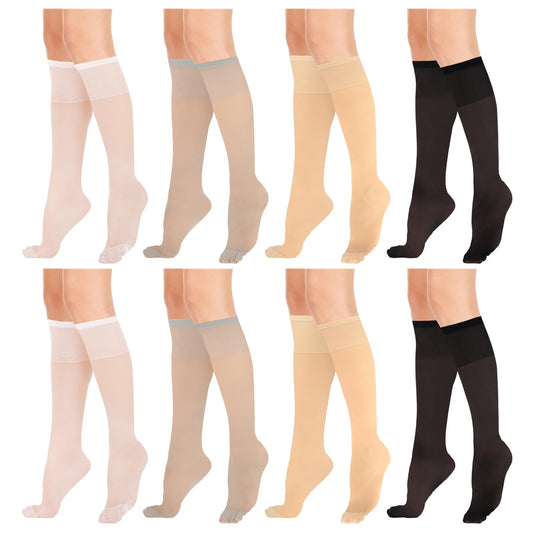 KALIONE 8 Pairs Knee Socks White, Women's Sheer Nylon Stockings Knee High Stockings with Reinforced Toe, Lady's Black Nude Sheer Knee High Socks for Women (4 Color, 8 Pairs)