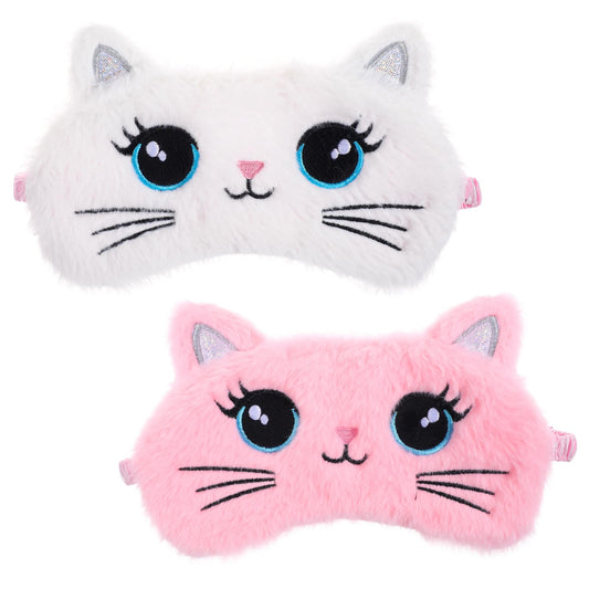 Kids Sleep Mask, 2 Pcs Cute Cat Sleeping Eye Mask Soft Plush Girls Sleep Masks Comfortable Funny Animal Night Eye Masks for Sleeping Blindfold Eye-Cover for Women Girls Home Travel (Pink, White)
