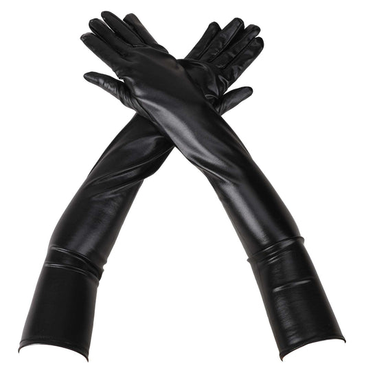 KALIONE Black Metallic Gloves Long Black Gloves, 1920s Women Long Gloves, Leather Women Gloves, Silver Shiny Long Gloves for Women, Long Cosplay Dress Finger Gloves(1 Pair)