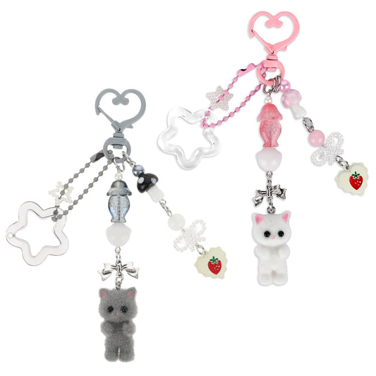 2 Pcs Fuzzy Cat Keychain, Delicate Kitty Keychains Decor, Cute Cat Keychain, Aesthetic Pink Keychain, Stylish Cute Keychains, Y2K Heart Bow Pendant for Women, Cat Keychain Charms for Backpack, Purse,