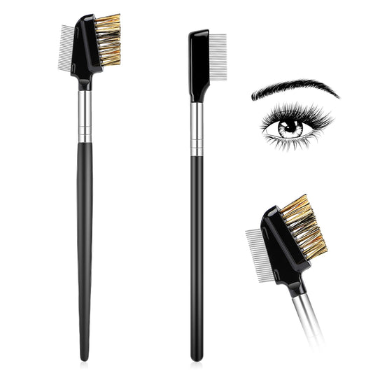 2 in 1 Eyelash Comb and Eyebrow Brush, Resuable Dual Eyebrow Comb Set with Stainless Steel Tooth Makeup Grooming Tool Mascara Applicator for Separating Lashes, Shaping Brow (2 PCS)