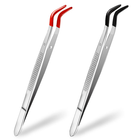 Pack of 2 PVC-Coated Tweezers, Tweezers with Curved Rubber Tips, Craft Tweezers, Non-Damaging Tweezers with Curved Tip, Stainless Steel Tweezers for Crafts, Jewellery, Stamps, Laboratory