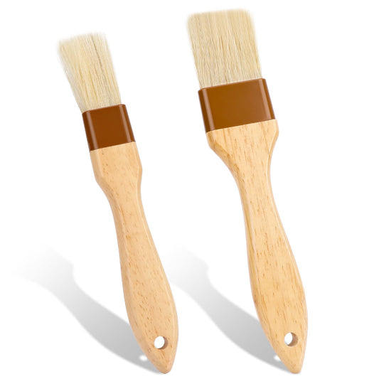 2 Pcs Boar Bristle Brushes Pastry Basting Brush Oil Brush BBQ Brushes for Sauce Wooden Handle Food Brush Kitchen Brush for Oil Sauce Egg Butter(1''&1.5''Width)