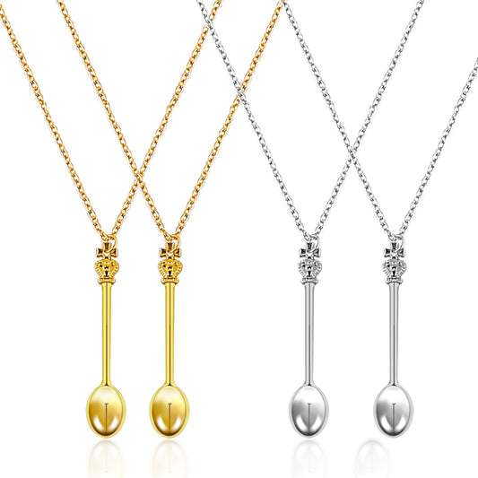 Mozeat Lens 4PCS Spoon Necklace Set Teaspoon Crown Pendant Long Chain Hidden Spoon Necklace Ket Spoon Necklace Little Spoon Pendant Mini Ibiza Spoon Necklace Charm Set for Women Ladies Girls