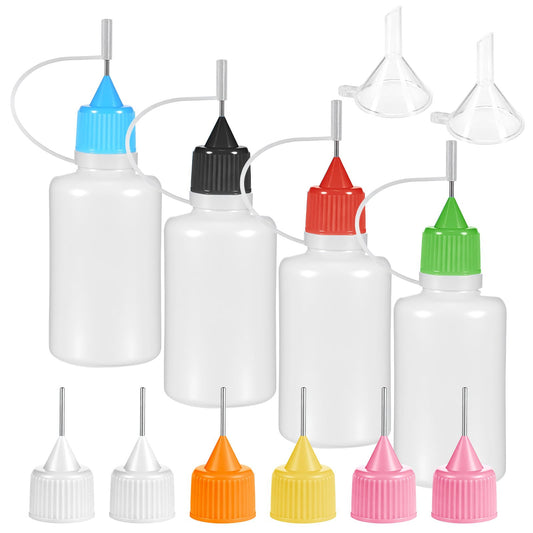 Qulkws 4Pcs Precision Tip Applicator Bottle with 2 Mini Funnel Multicolor Lids, 30ML/1 OZ Needle Tip Glue Bottles, Glue Dispenser for DIY Quilling Paper Craft Painting