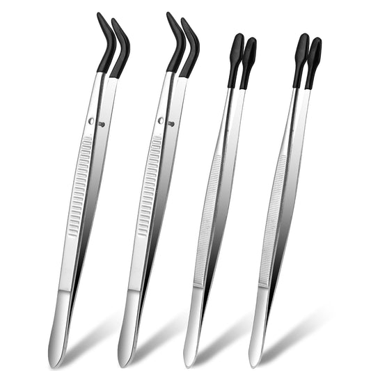 4 Pack Stamp Tweezers PVC Coated Tweezers Bent Tip Tweezers Stainless Steel Tweezers with Rubber Tips Straight Tip Tweezers for Crafts Stamps Jewelry Beads Lab Tools(Black)