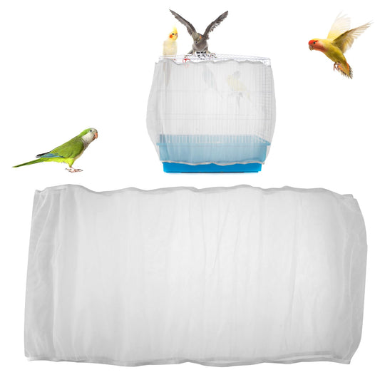 Adjustable Bird Cage Net Cover, Bird Cage Seed Catcher Guard Birdcage Nylon Mesh Netting Birdcage Cover Skirt Seed Guard Universal Birdcage Net for Parrot Parakeet Macaw Round Square Cages (White)