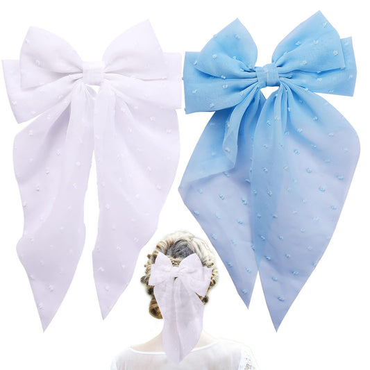 2 pcs Large Hair Bow with Barrette Bow Hair Clips Solid Color Bowknot Hairpin Big Bow Hair Clip Veil French Barrette with Long Silky Satin Tail for Women Girls Bridesmaid