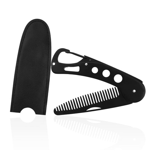 Mustache Comb Keychain Beard Comb and Brush for Men Folding Beard Comb Stainless Steel Mustache Combs for Men Portable Multifunction Anti Static Comb with Leather Cover Portable Wallet Pocket Comb