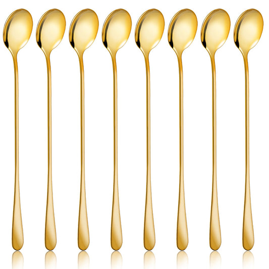 8 Pcs Gold Coffee Spoons 7.6-Inch Long Handle Ice Tea Spoons Ice Cream Spoon Stainless Steel Coffee Spoons Cocktail Stirring Spoons Bar Spoon