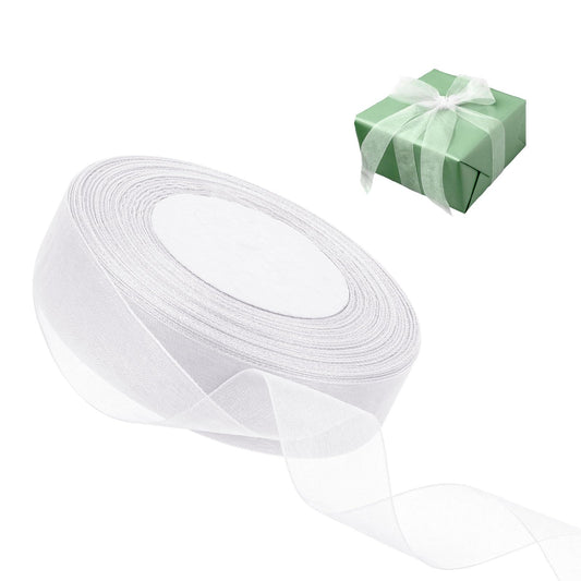 White Ribbon Chiffon White Tulle Ribbon, 1 Inch Wide 50 Yards White Chiffon Ribbon for Gift Wrapping, Ribbon for Flower Bouquet, Sheer Organza Ribbon White Floral Ribbon for Decoration, Craft (White)