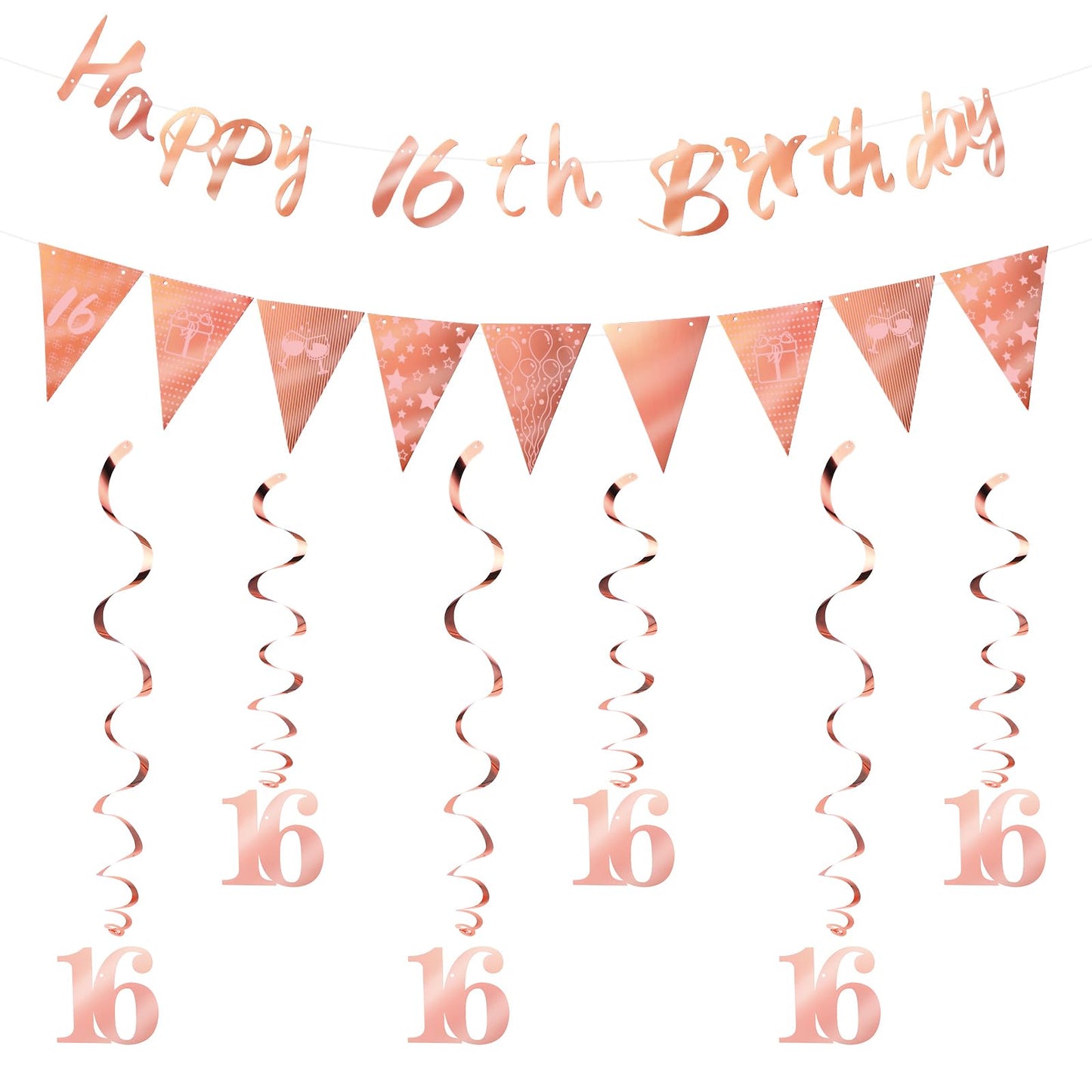 Rose Gold 16th Birthday Decorations for Girls, Happy 16th Birthday Banner Triangle Flag Sweet 16 Party Decorations Bunting Swirls Fabulous Party Backdrop Supplies for Girls Cheers to 16 Years