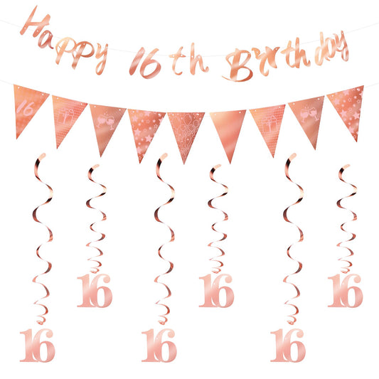 Rose Gold 16th Birthday Decorations for Girls, Happy 16th Birthday Banner Triangle Flag Sweet 16 Party Decorations Bunting Swirls Fabulous Party Backdrop Supplies for Girls Cheers to 16 Years